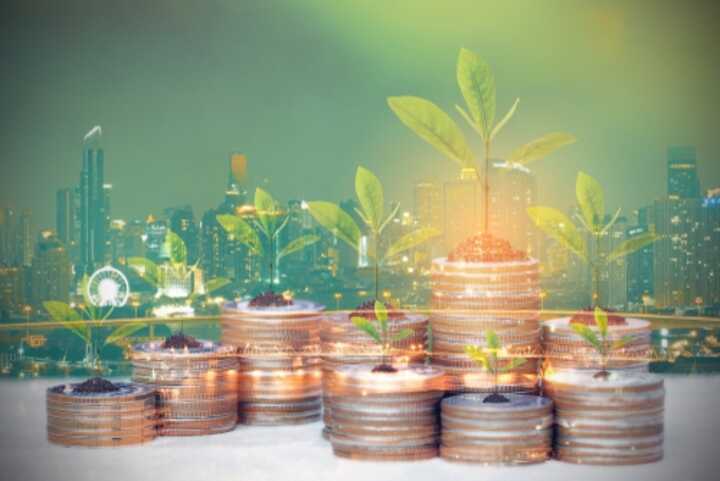 Young trees growing on coins, with a cityscape in the background